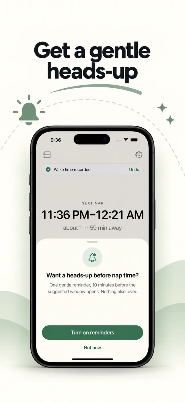 Wake Window offering a single reminder before the nap window opens